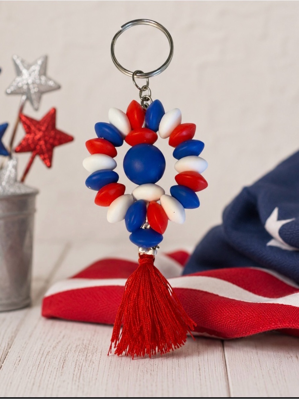 Handmade Patriotic Red White Blue Beaded Keychain with Tassel